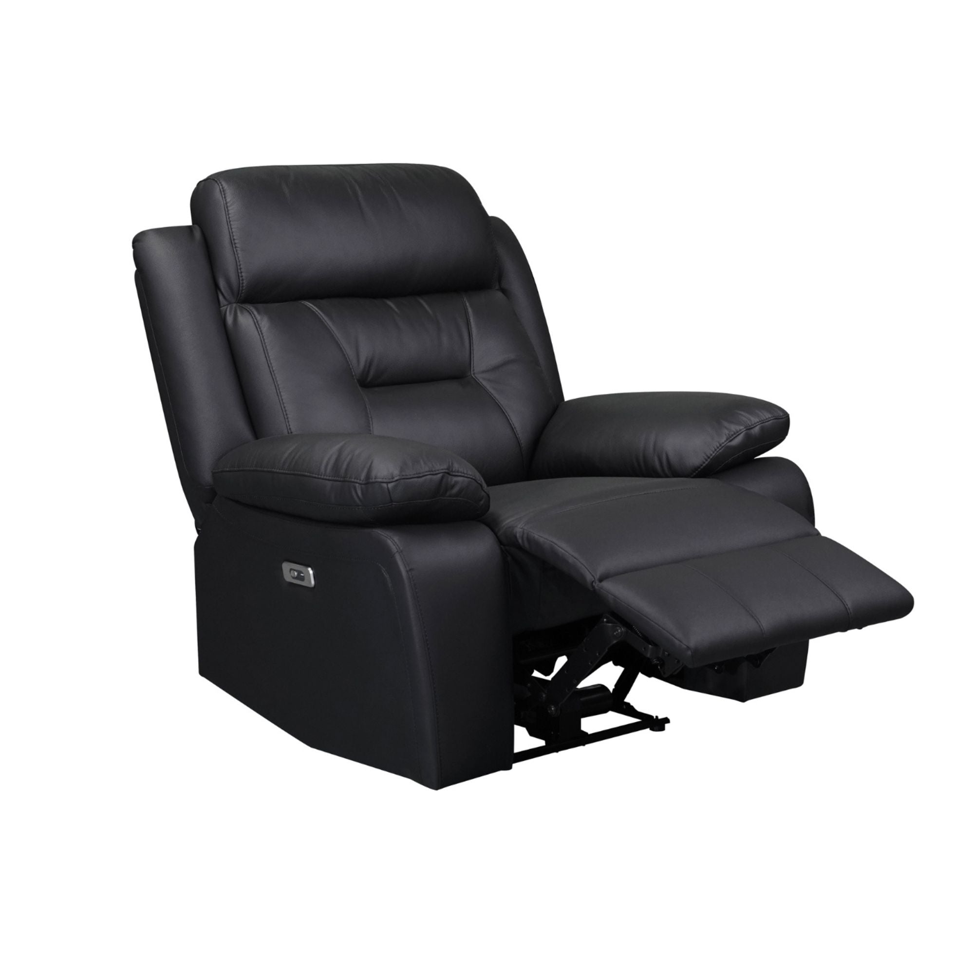 Black MAZ Laconia Collection power reclining sofa set with plush leather upholstery and modern design.