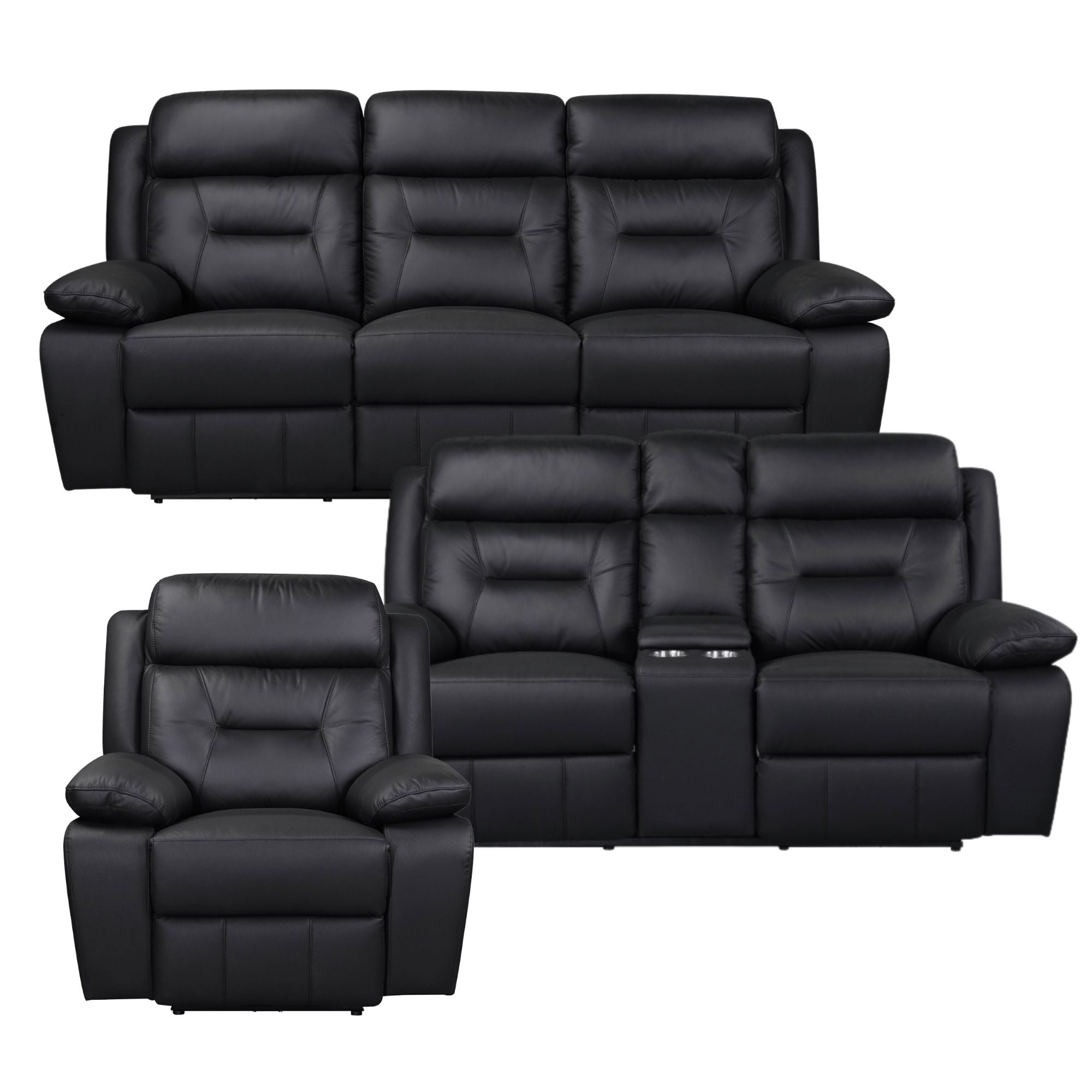Black MAZ Laconia Collection power leather reclining sofa set with plush cushions and reclining features, modern living room furniture.