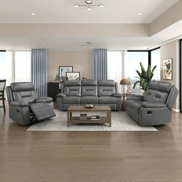 MAZ Laconia Collection 3-piece grey leather power reclining sofa set with plush cushions and modern design.