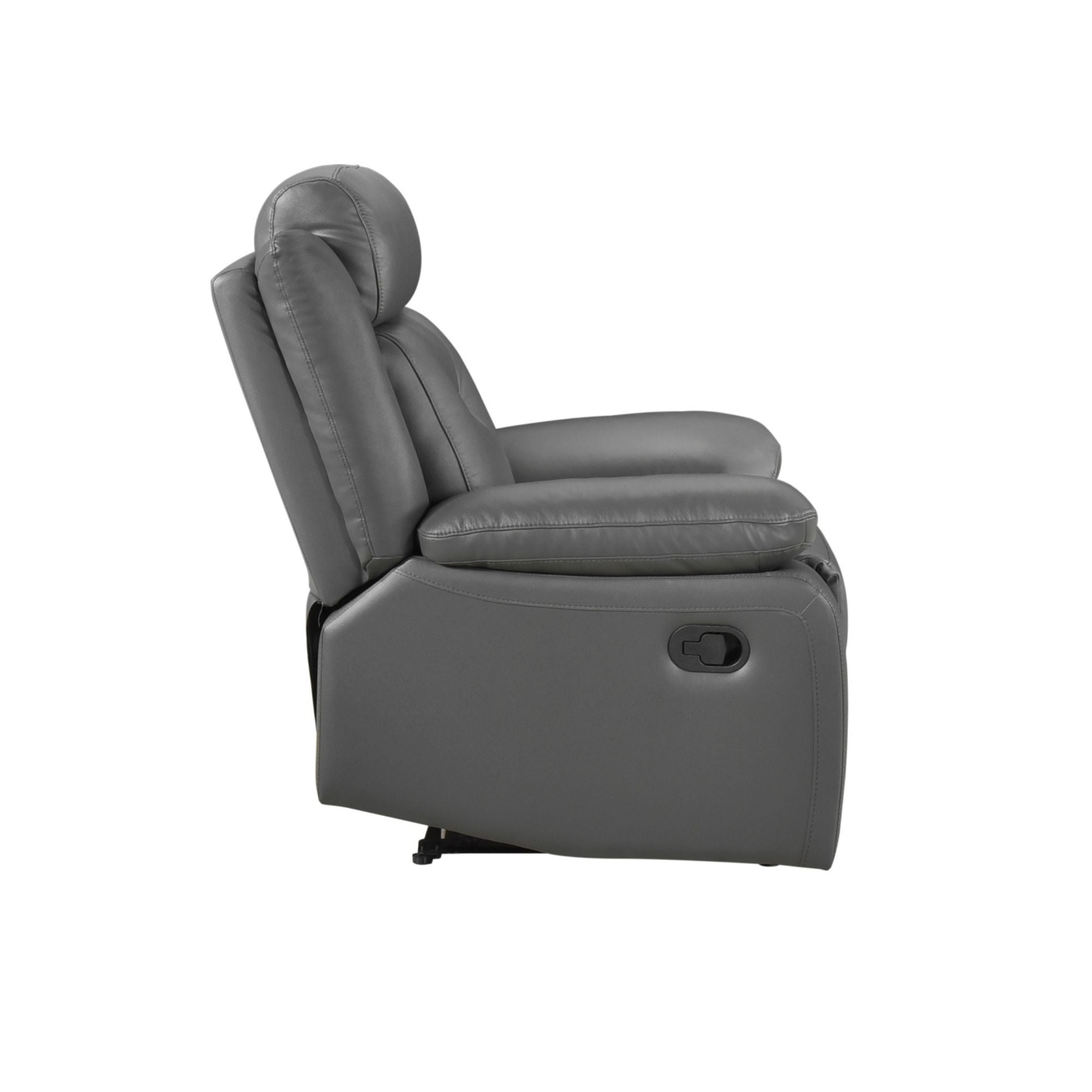 MAZ Laconia Collection 3-piece grey leather power reclining sofa set with plush cushions and modern design.