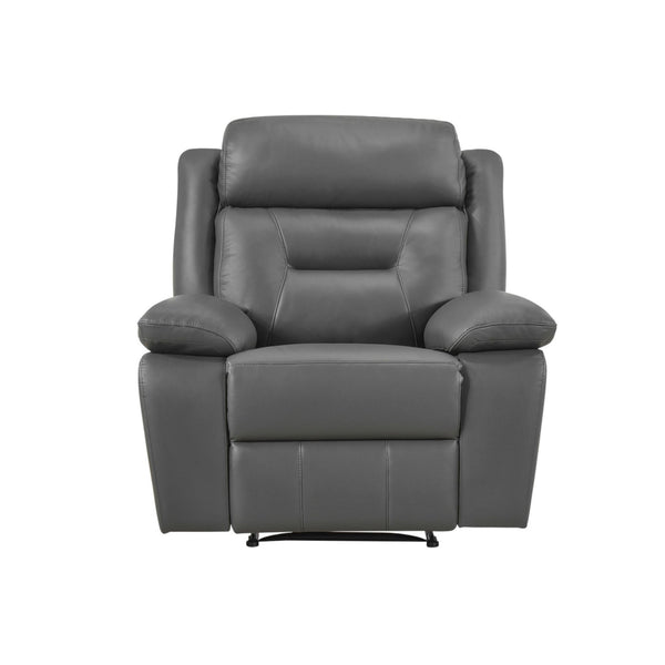 MAZ Laconia Collection 3-piece grey leather power reclining sofa set with plush cushions and modern design.