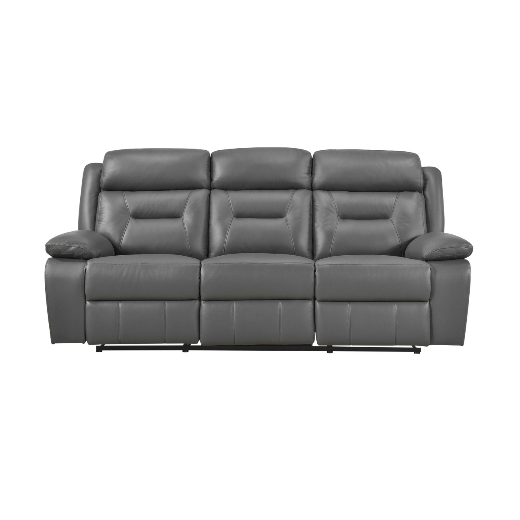 Gray MAZ Laconia Collection leather reclining sofa with plush cushions and reclining features in a modern living room setting.