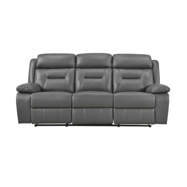 Gray MAZ Laconia Collection leather reclining sofa with plush cushions and reclining features in a modern living room setting.