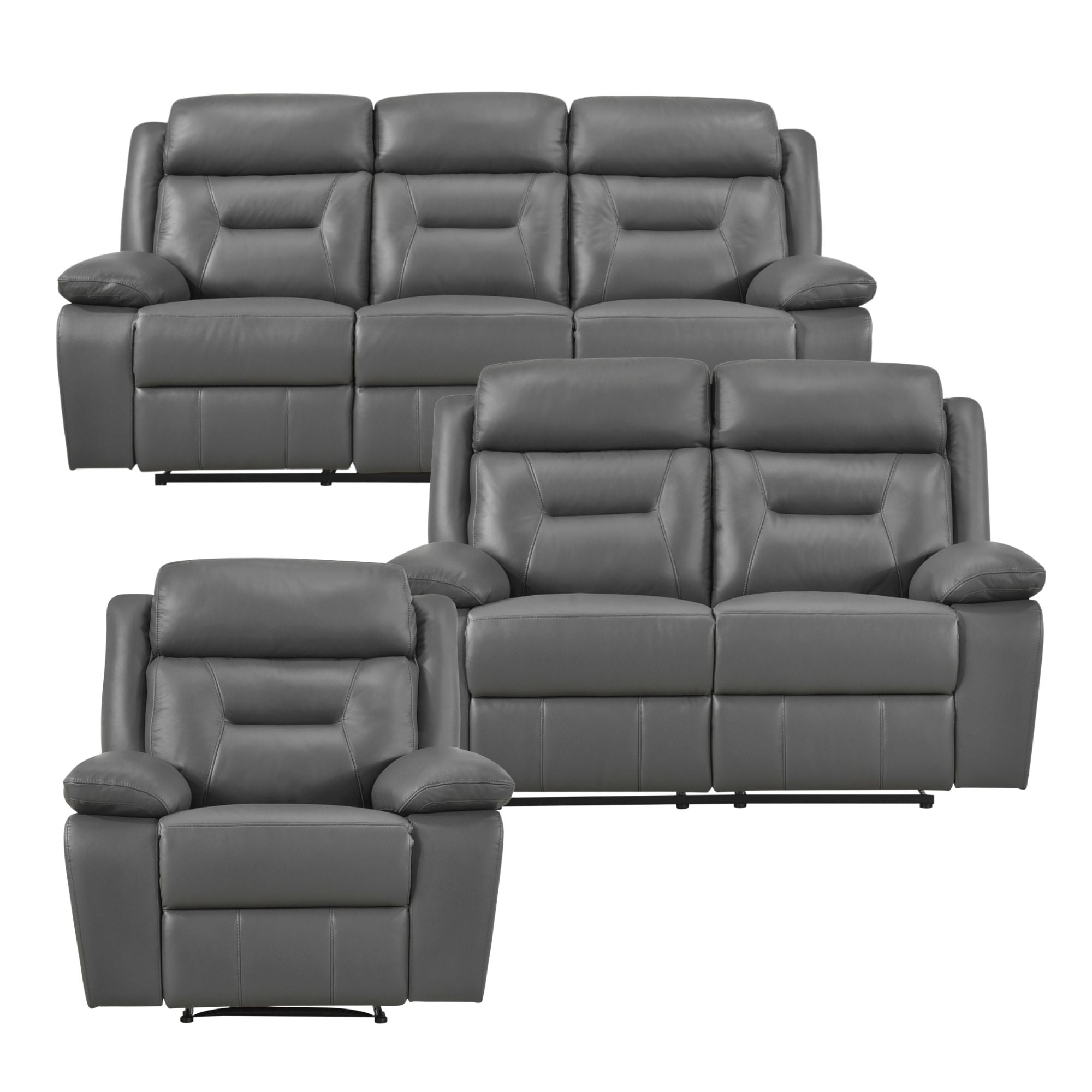 Gray MAZ Laconia Collection 3-piece leather power reclining sofa set with plush cushions and modern design.