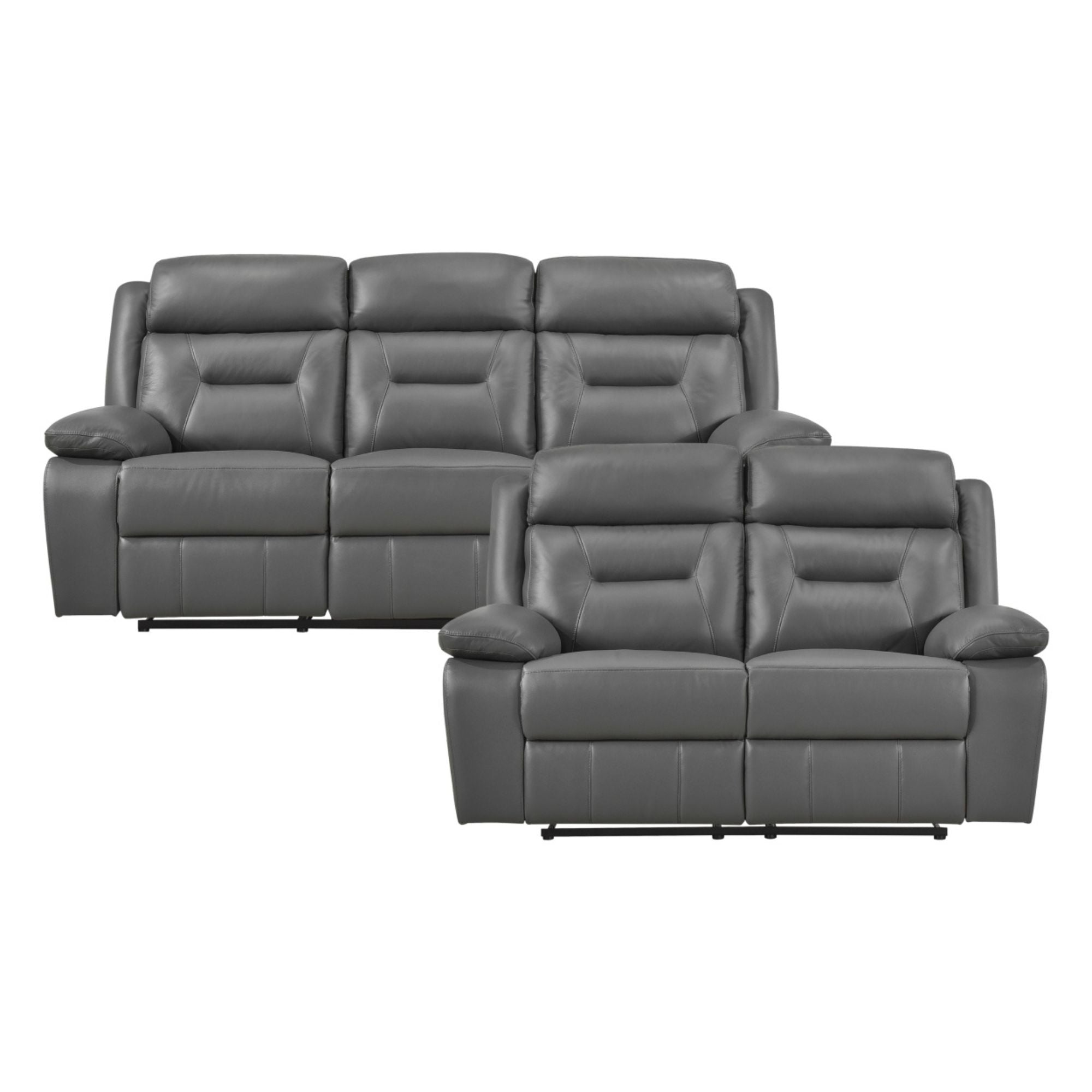 MAZ Laconia Collection 2-piece grey leather power reclining sofa set with plush cushions and modern design.