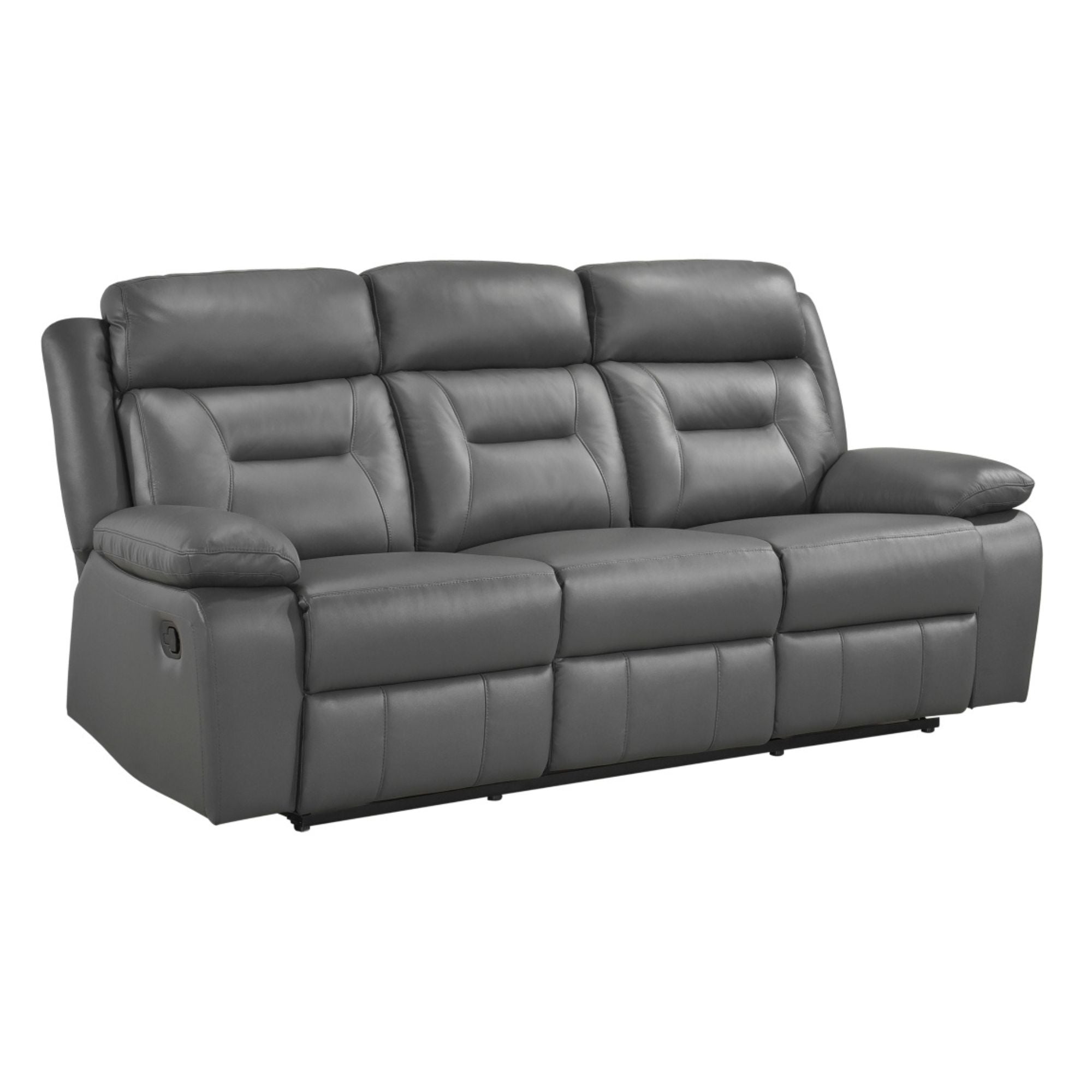 Gray leather reclining sofa from MAZ Laconia Collection, showcasing plush cushions and reclining mechanism.