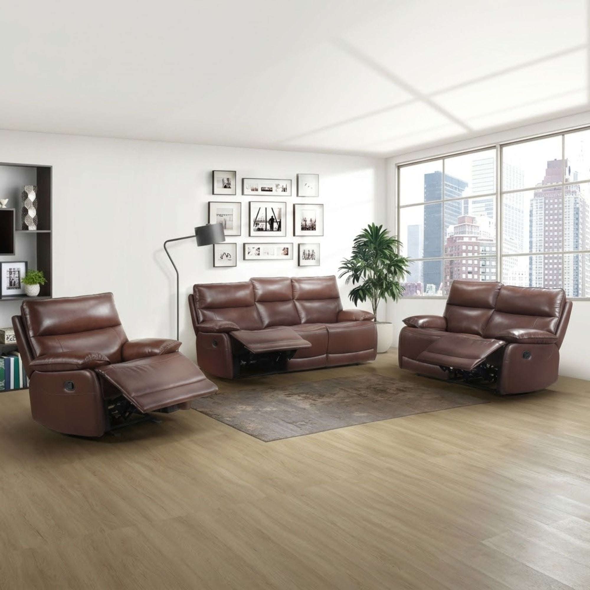 MAZ Morocco Glider Recliner chair in brown leather, featuring plush cushioning and a smooth reclining mechanism.