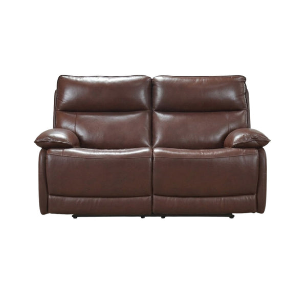 Brown Morocco double reclining loveseat by MAZ, showcasing plush fabric, padded cushions, and reclining features for comfortable seating.