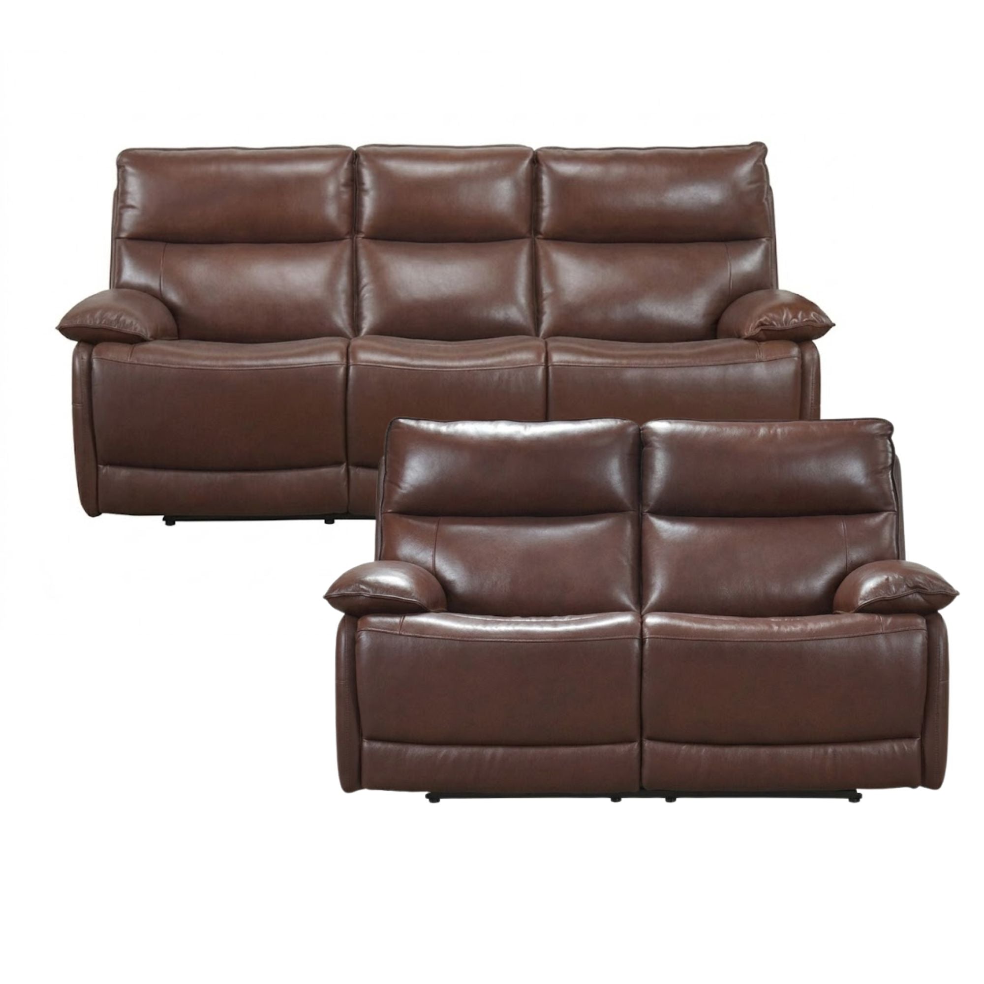 Brown Morocco Leather Reclining Sofa Set by MAZ featuring plush cushions and a sleek design for comfortable lounging.