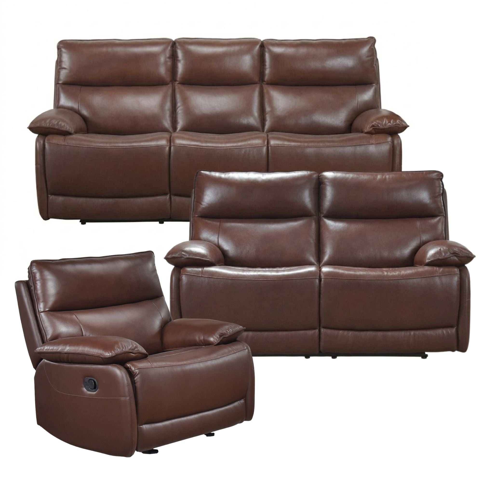 Brown Morocco Leather Reclining Sofa Set by MAZ, featuring plush cushions and reclining seats in a modern living room setting.