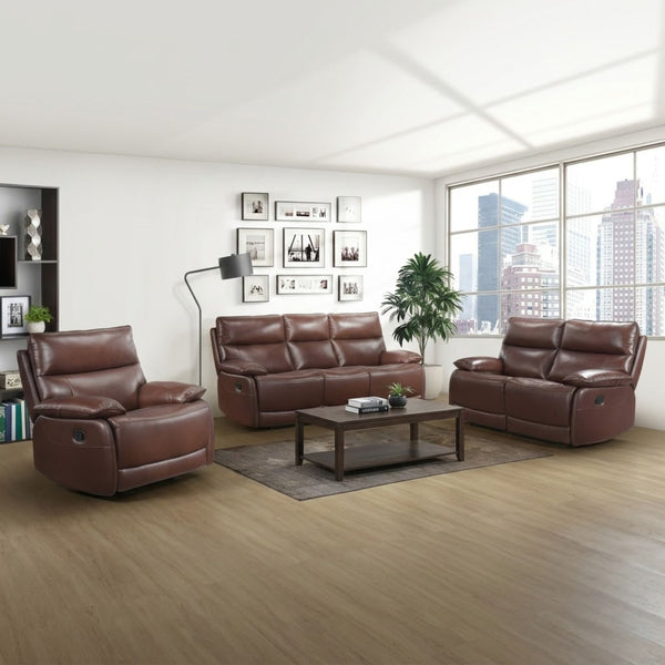 Brown Morocco Leather Reclining Sofa Set by MAZ with plush cushions and reclining features, showcased in a modern living room setting.