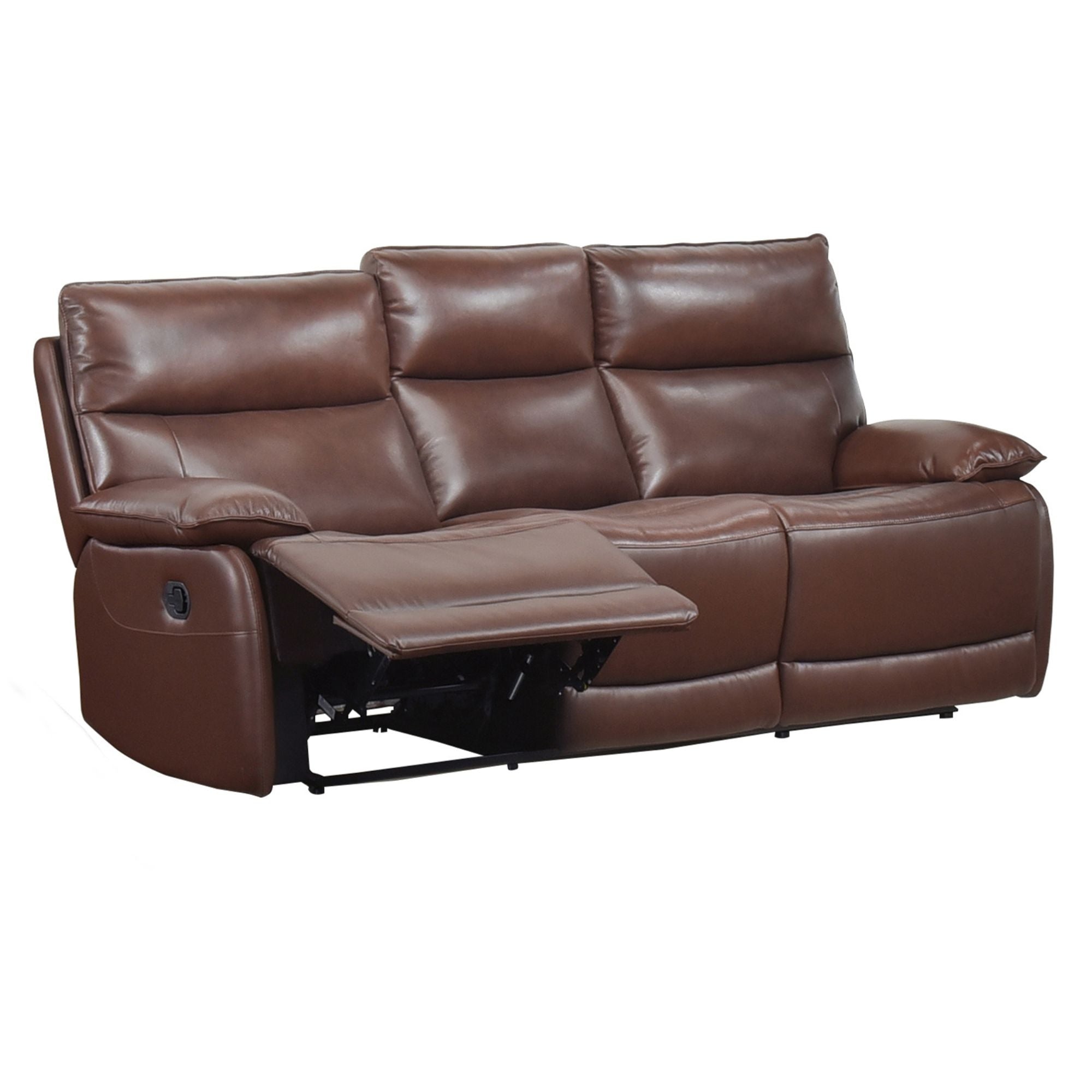 Brown Morocco Leather Reclining Sofa Set by MAZ featuring plush cushions and reclining seats in a modern living room setting.