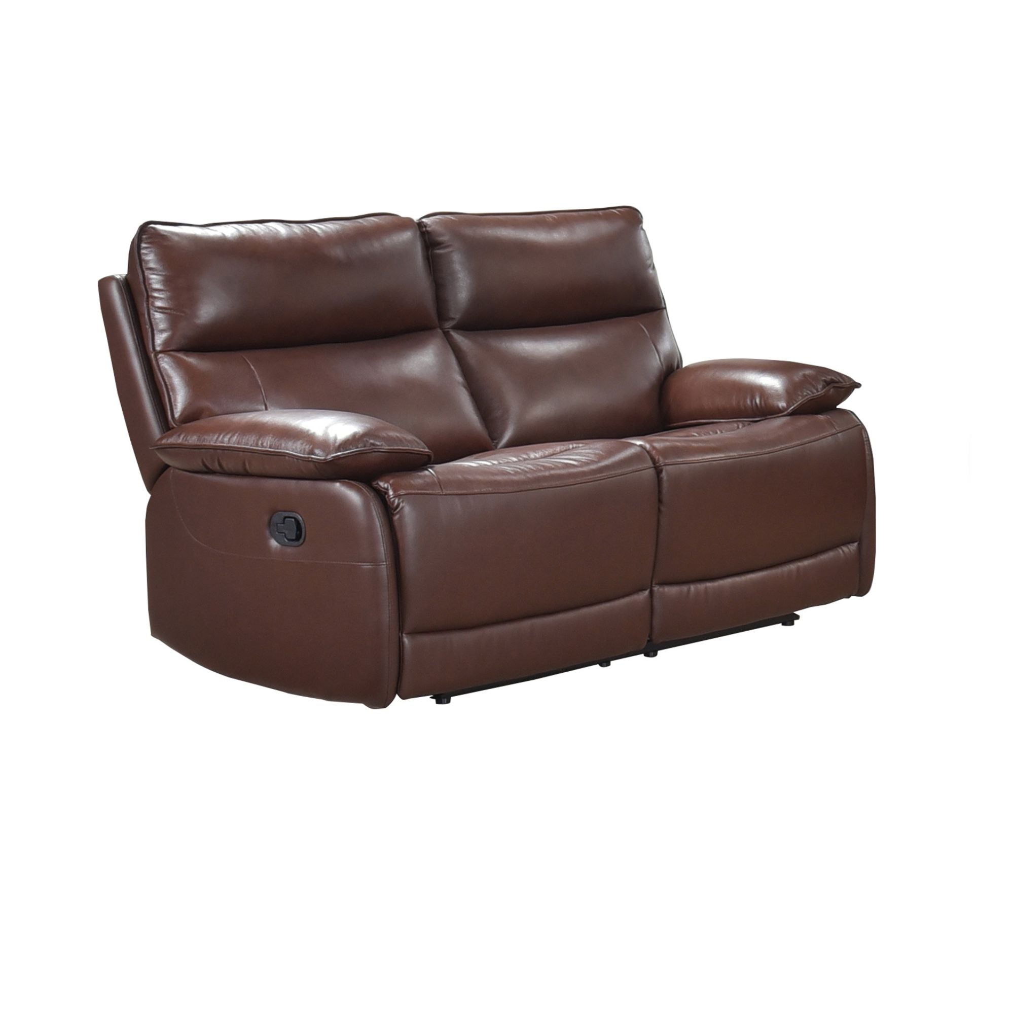 Brown Morocco Double Reclining Loveseat by MAZ featuring plush cushions and reclining armrests in a cozy living space.