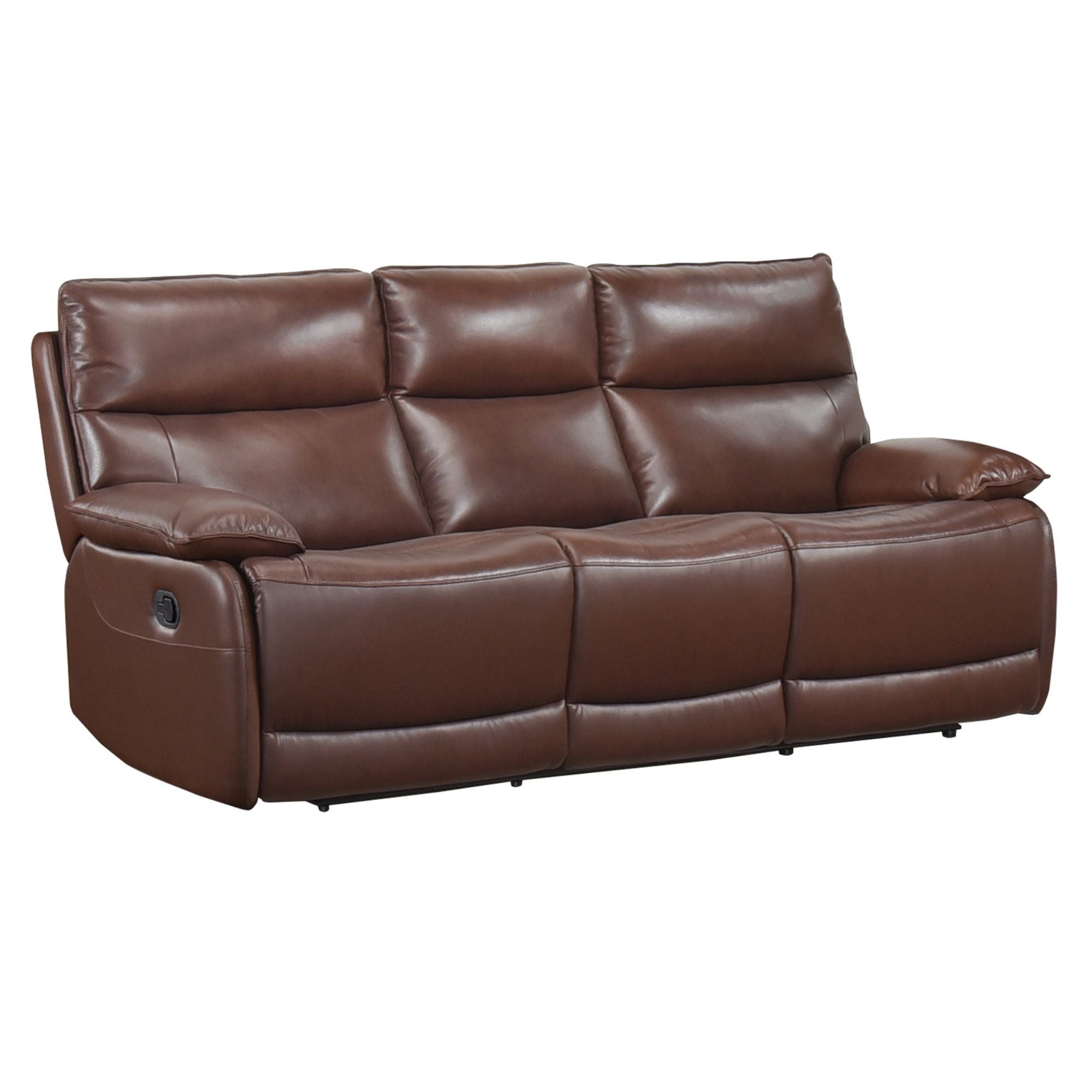 Brown Morocco leather reclining sofa set by MAZ featuring plush cushions and reclining seats in a modern living room setting.