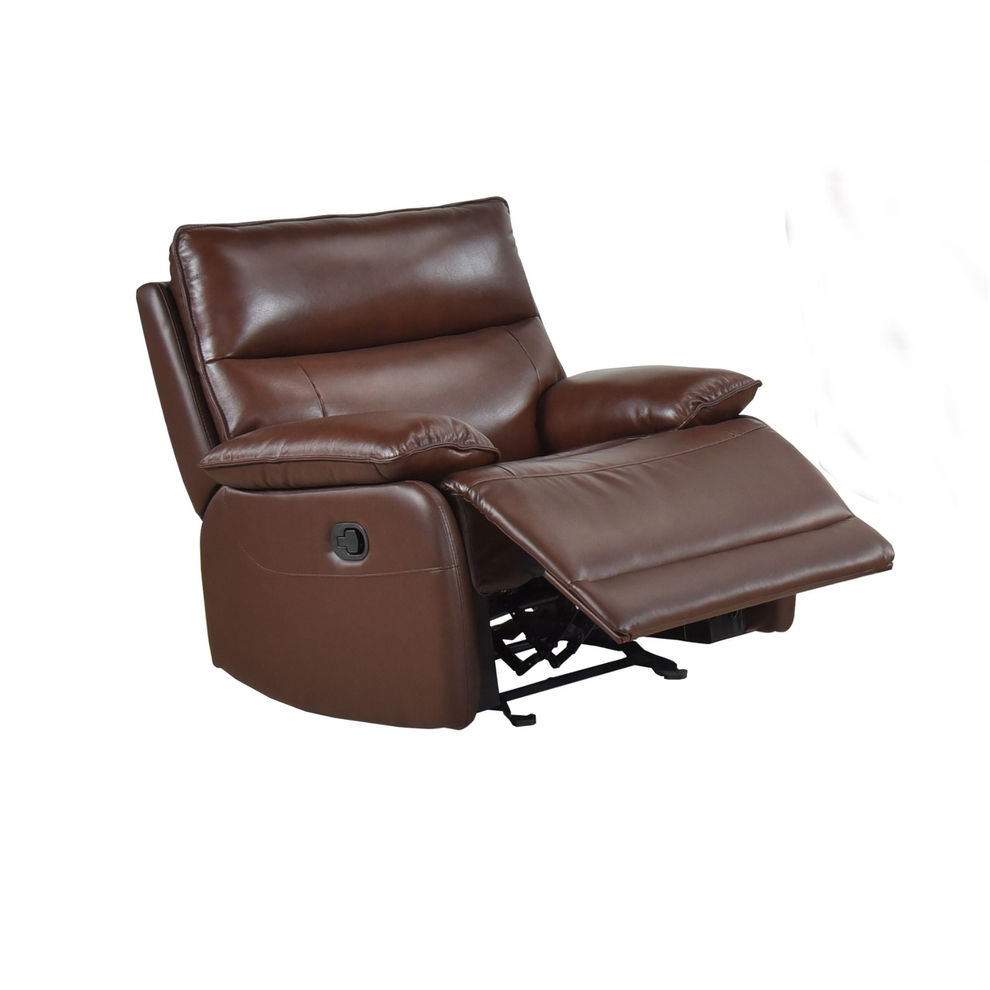 Maz Morocco Glider Recliner in brown leather, featuring plush cushioning and wooden base, stylish and comfortable for living room.