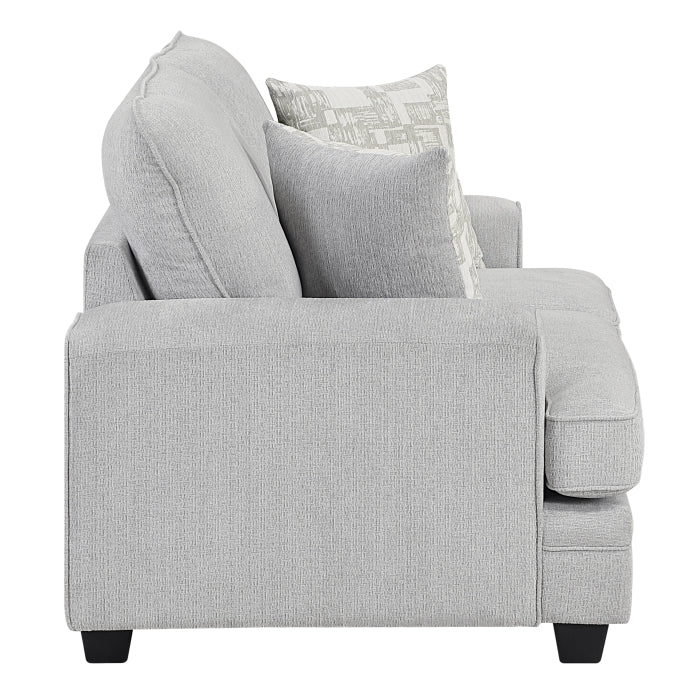 MAZ Sarah 2-Seat Loveseat with beige fabric upholstery and wooden legs, shown from the side view.
