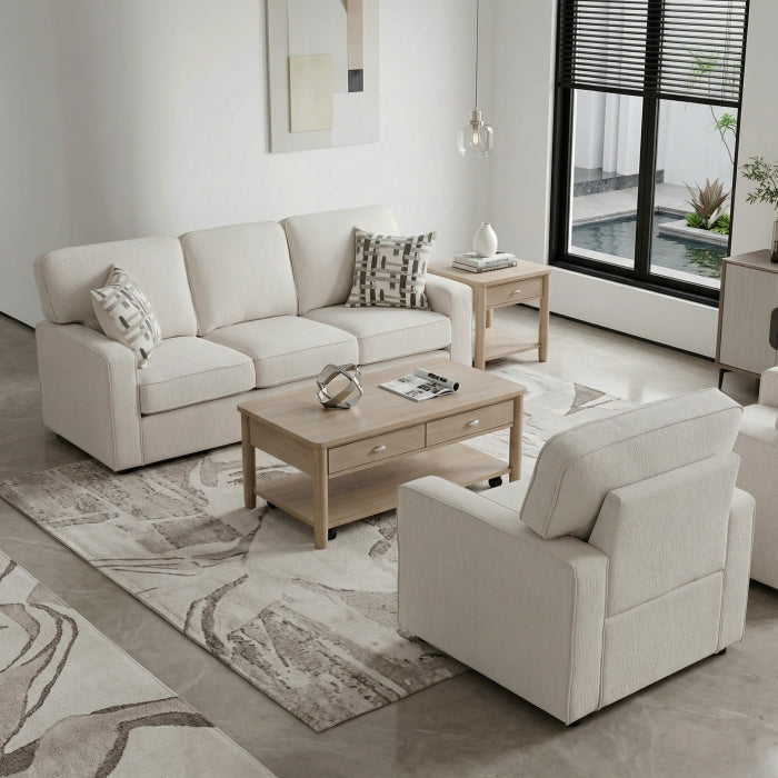 Cream MAZ Frances Collection 3-seat sofa with plush cushions and sleek design, perfect for modern living rooms.