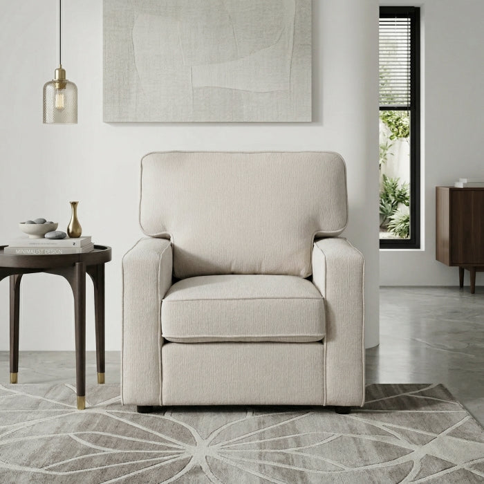 Cream Frances Collection accent chair by MAZ with a plush upholstered seat and wooden legs, shown from the front.