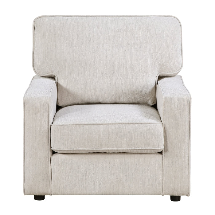 Cream Frances Collection accent chair by MAZ with a plush upholstered seat and elegant wooden legs, front view.