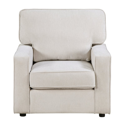 Cream Frances Collection accent chair by MAZ with a plush upholstered seat and elegant wooden legs, front view.