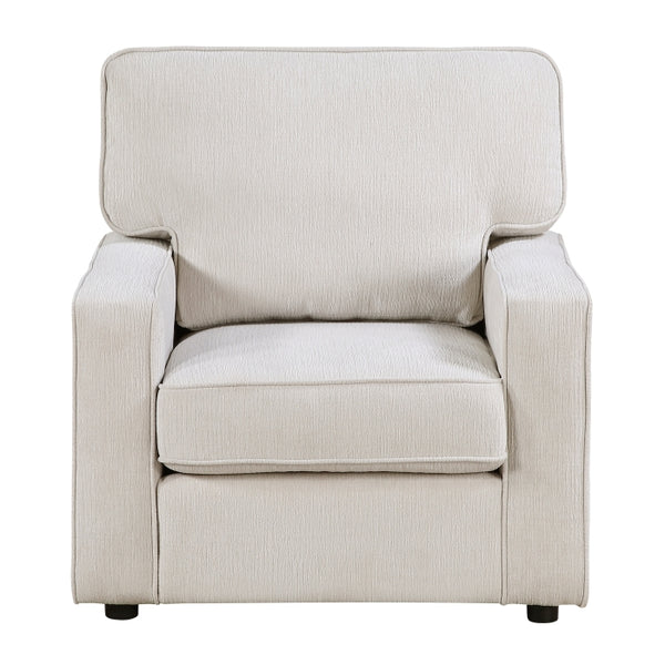 Cream Frances Collection accent chair by MAZ with a plush upholstered seat and elegant wooden legs, front view.