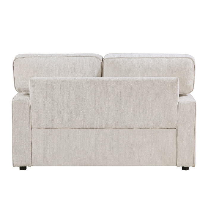 Cream-colored MAZ Frances Collection loveseat with plush fabric and cushioned back, shown from the back view.