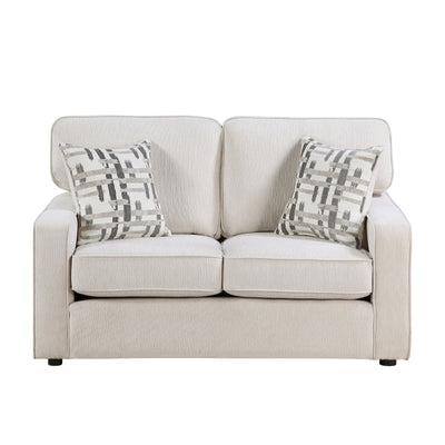 Cream-colored MAZ Frances Collection loveseat with plush upholstery and sleek design, shown from the front view.