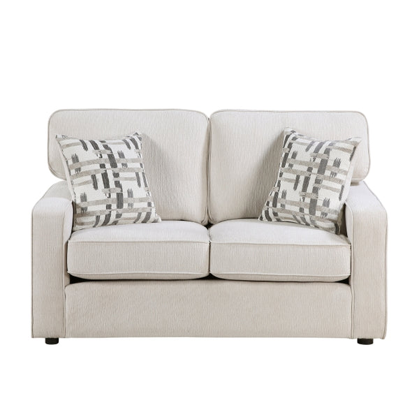 Cream-colored MAZ Frances Collection loveseat with plush upholstery and sleek design, shown from the front view.