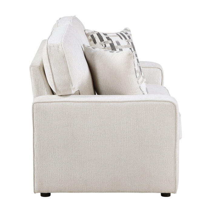 Cream MAZ Frances Collection loveseat with plush upholstery, shown from a side angle, highlighting its elegant and comfortable design.