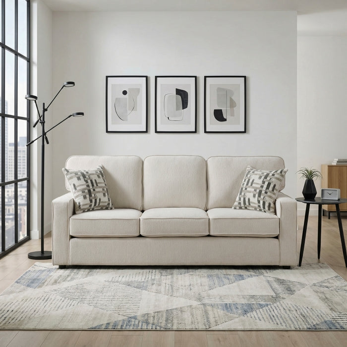Cream Frances Collection 3-seat sofa by MAZ, showing the front view with plush cushions and elegant design.