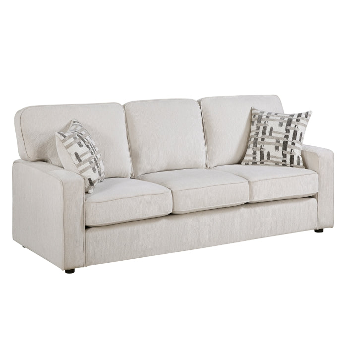 Cream-colored MAZ Frances Collection 3-seat sofa shown from the side, featuring plush cushions and sleek armrests.