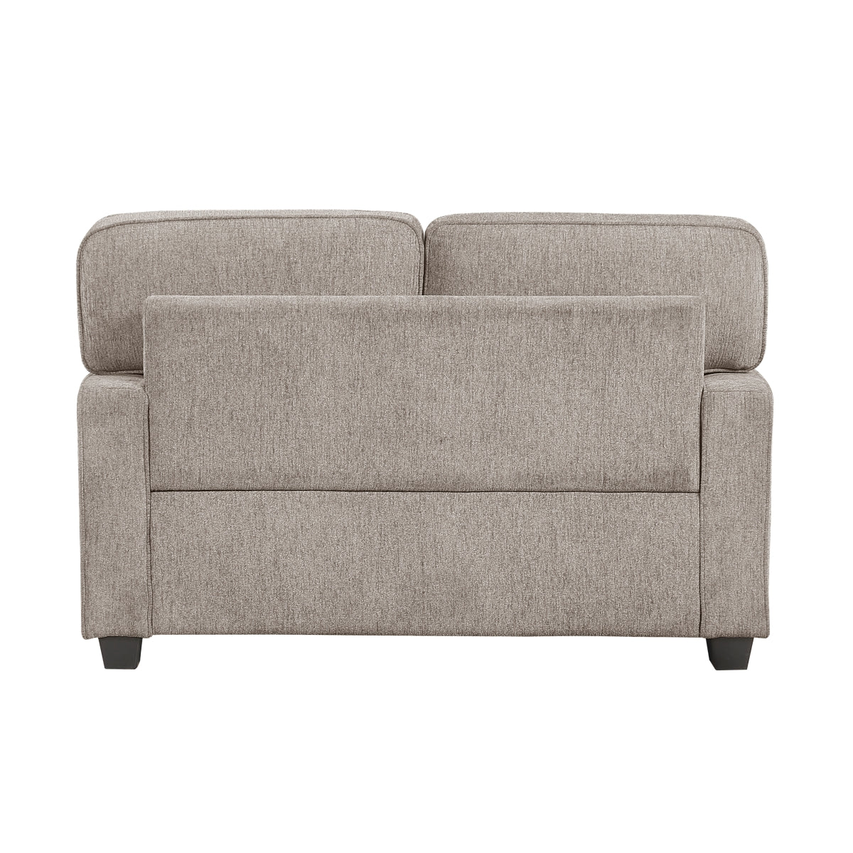 Taupe MAZ Frances Collection loveseat with plush fabric and cushioned back, shown from the back view on a plain background.