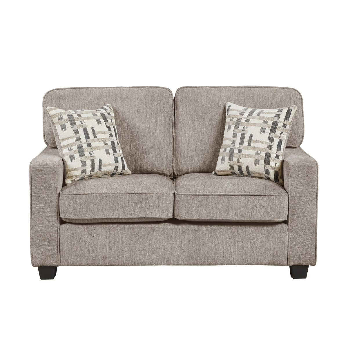 MAZ Frances Collection taupe loveseat featuring plush fabric and cushioned backrest, shown from the front against a plain background.