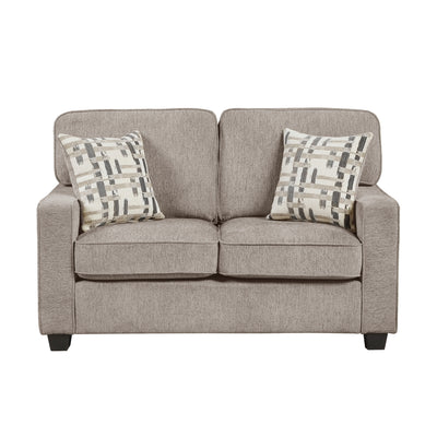 MAZ Frances Collection taupe loveseat featuring plush fabric and cushioned backrest, shown from the front against a plain background.