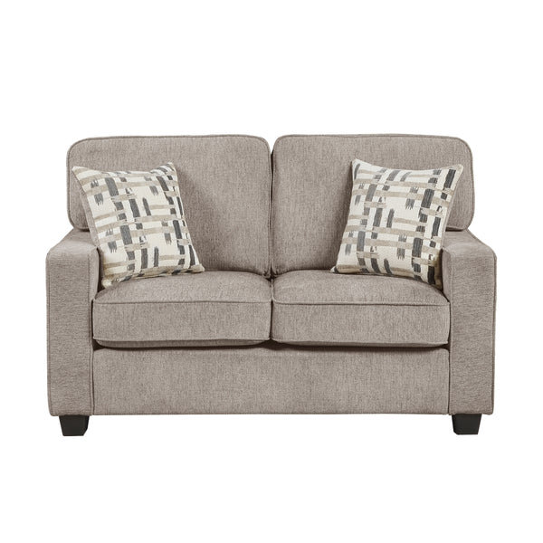 MAZ Frances Collection taupe loveseat featuring plush fabric and cushioned backrest, shown from the front against a plain background.