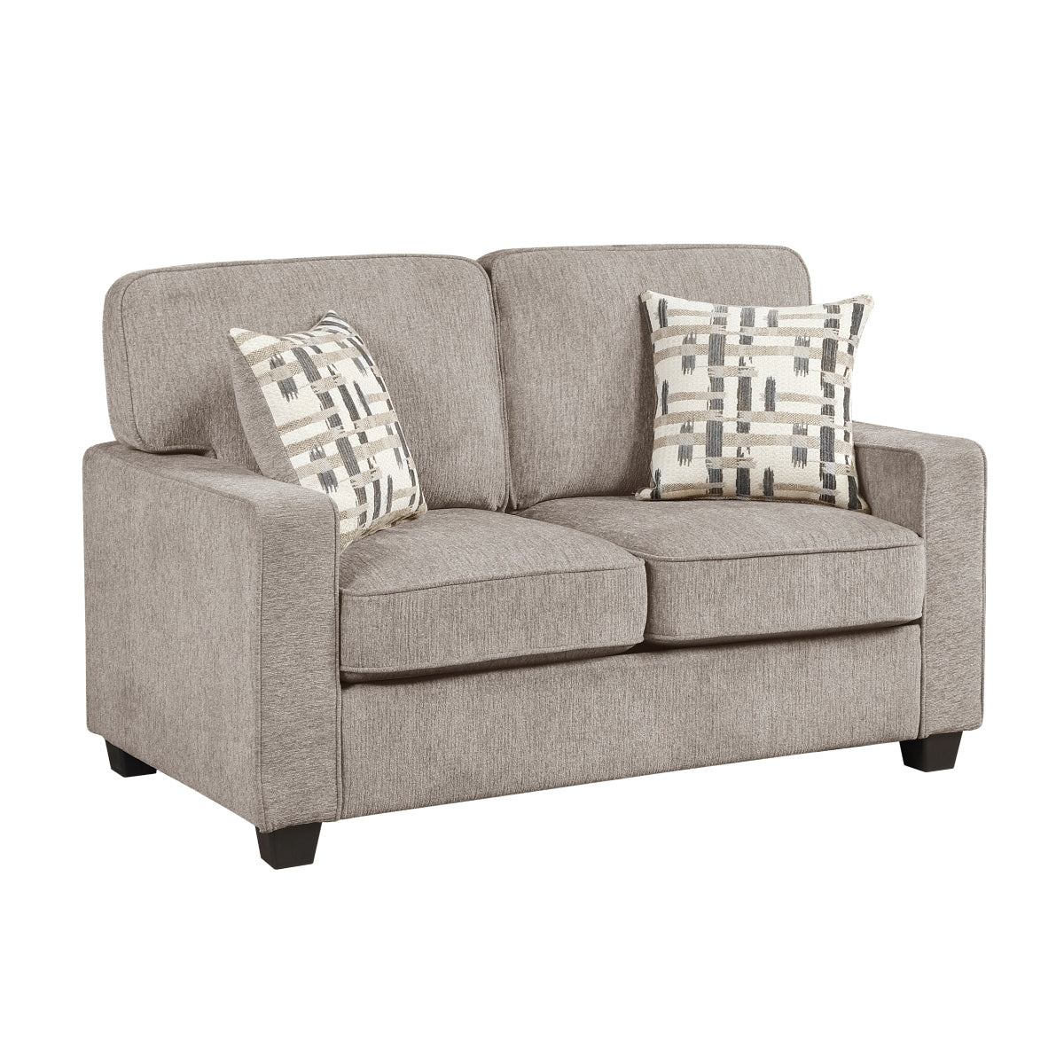 MAZ Frances Collection taupe loveseat with plush cushions and stylish side profile, ideal for cozy living room seating.