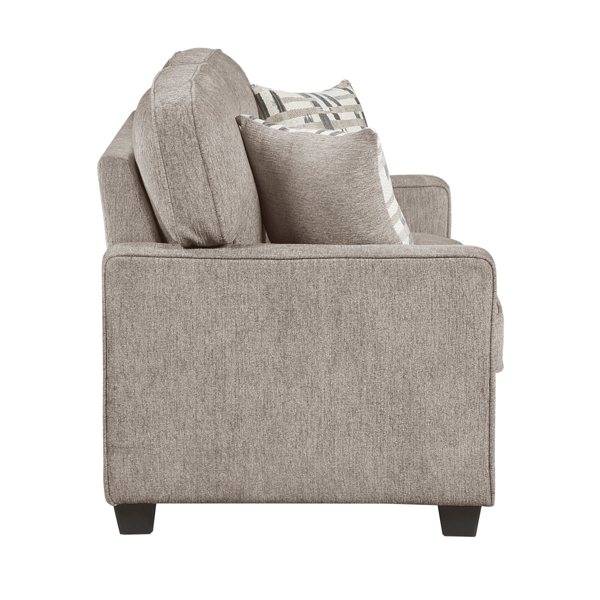 Taupe loveseat from MAZ Frances Collection, showcasing plush fabric and comfortable side profile with clean lines.