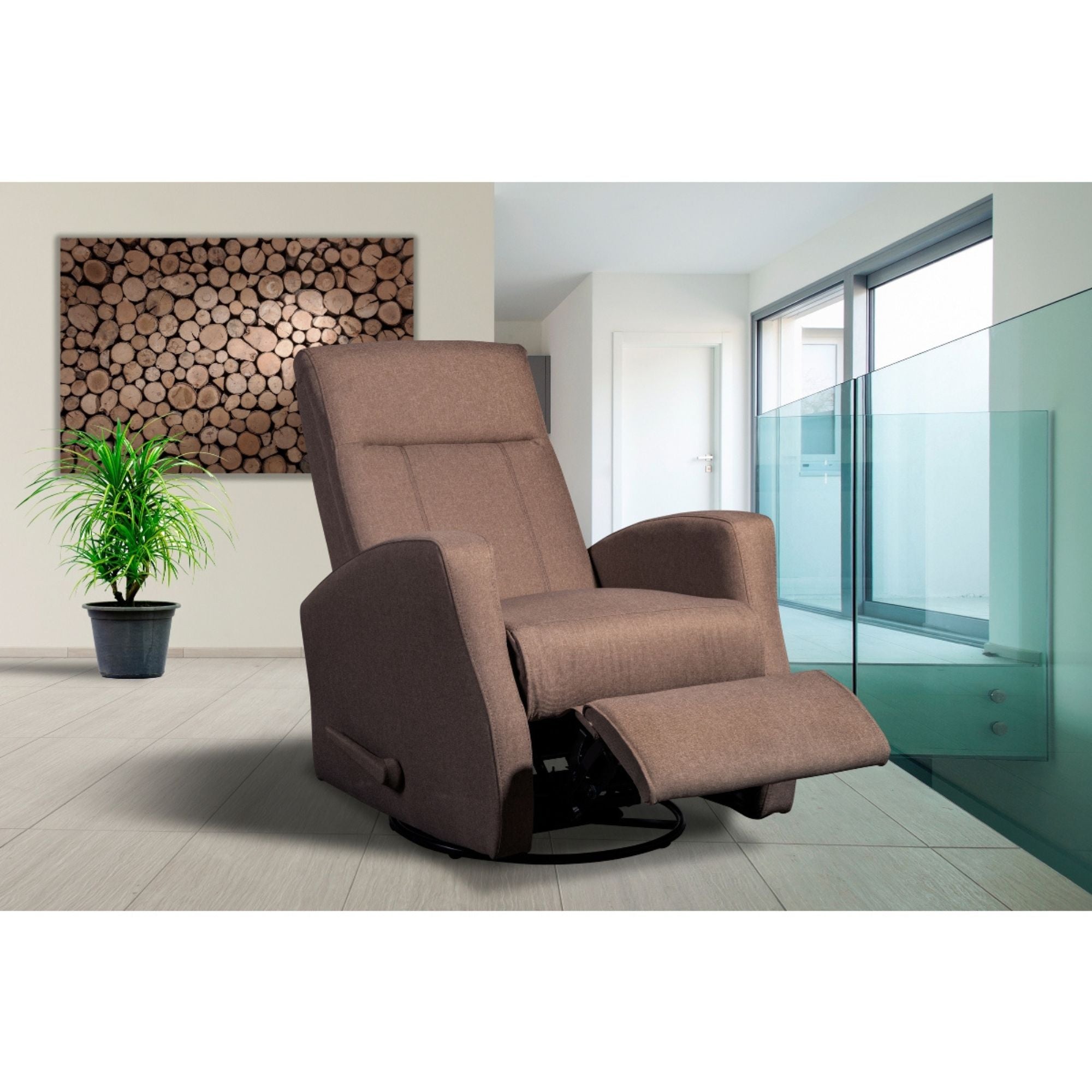 MAZ Gale Reclining Chair in brown leather with padded armrests and sturdy wooden legs, designed for comfortable relaxation.
