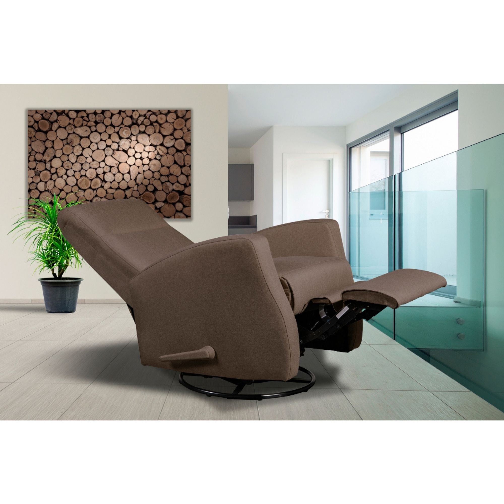 MAZ Gale reclining chair in brown fabric, padded armrests and plush cushioning for comfortable seating.