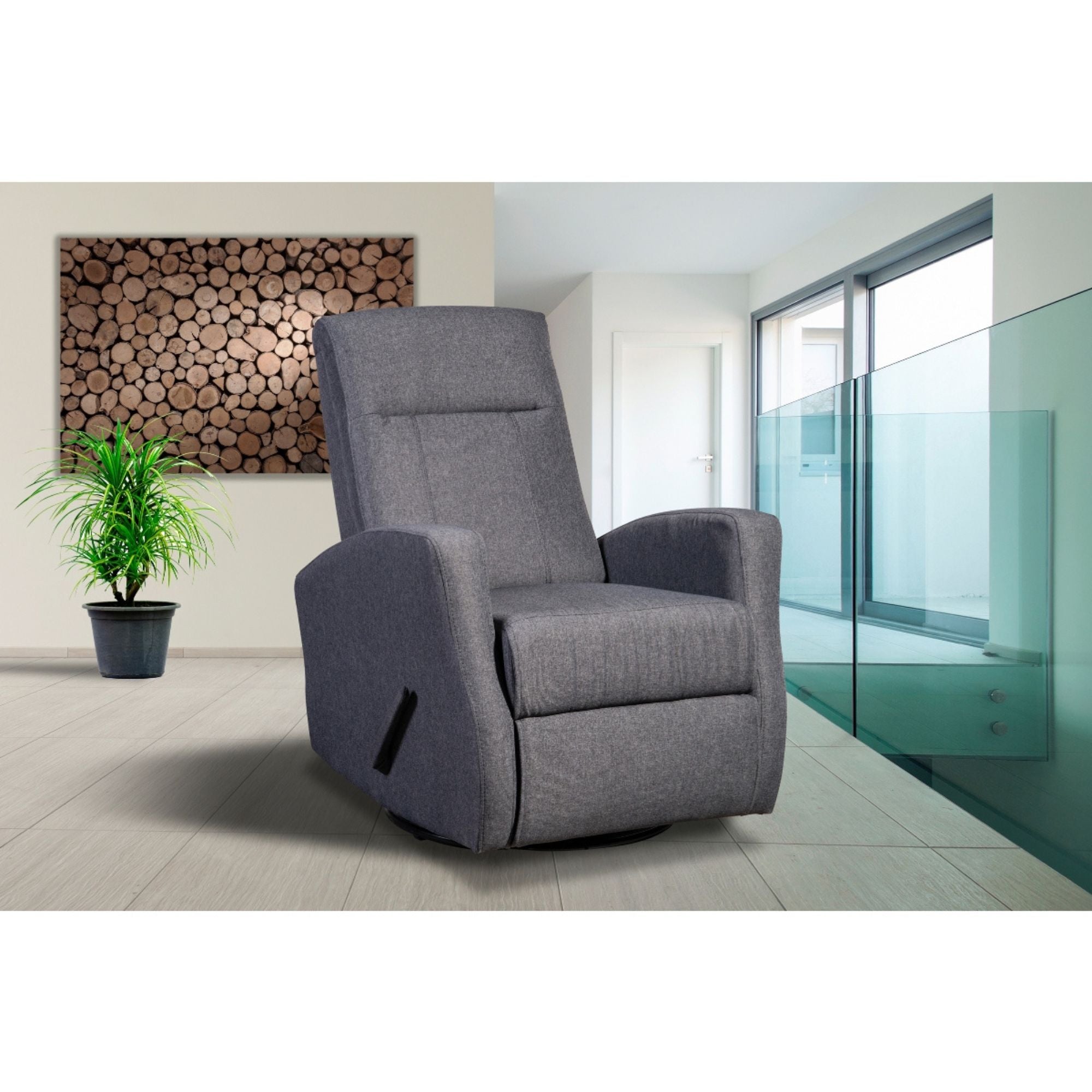 MAZ Gage Swivel Glider Recliner in grey fabric, showing plush cushioning and ergonomic design for comfortable seating.