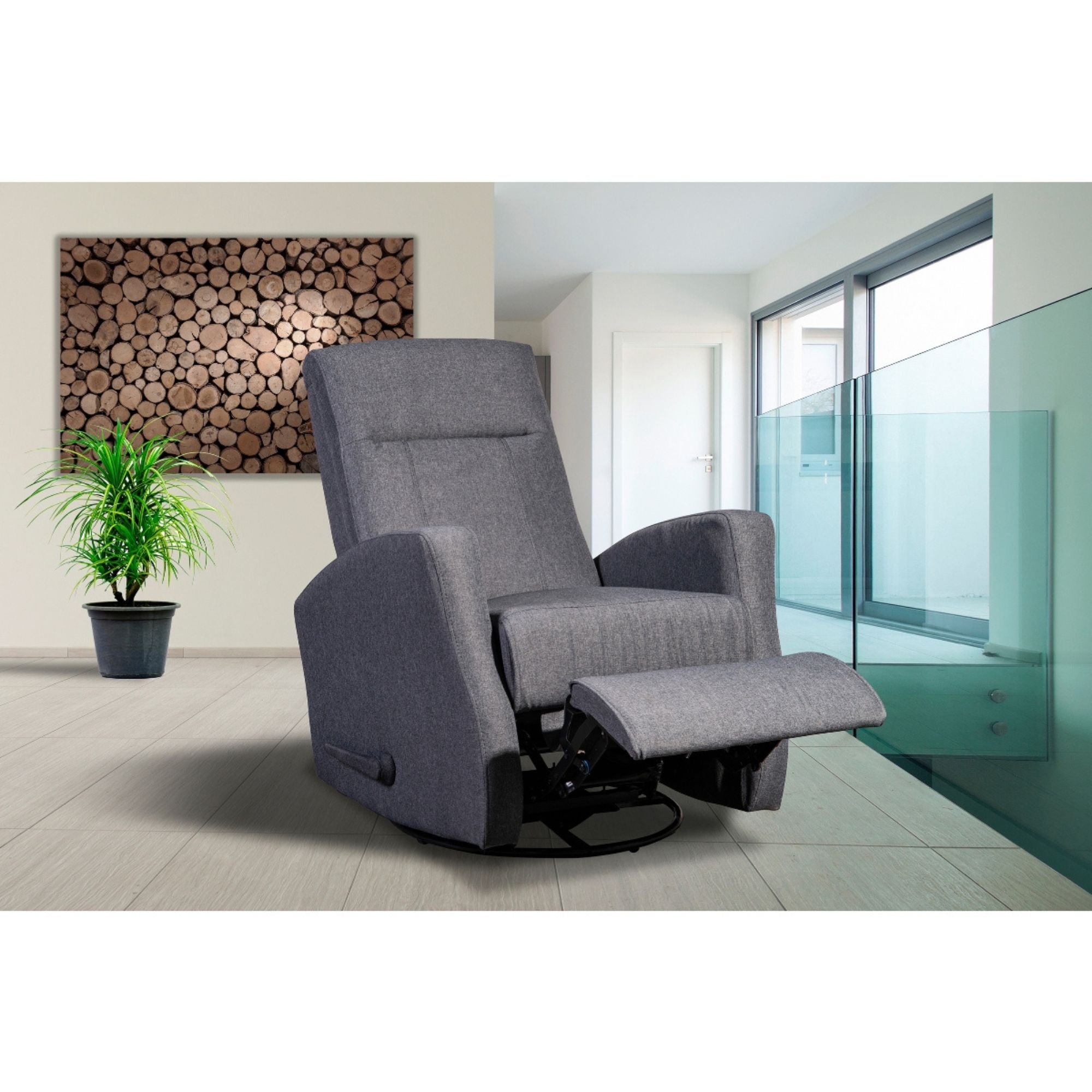 MAZ Gage swivel glider recliner chair in grey with plush cushioning and modern design, perfect for living room comfort.
