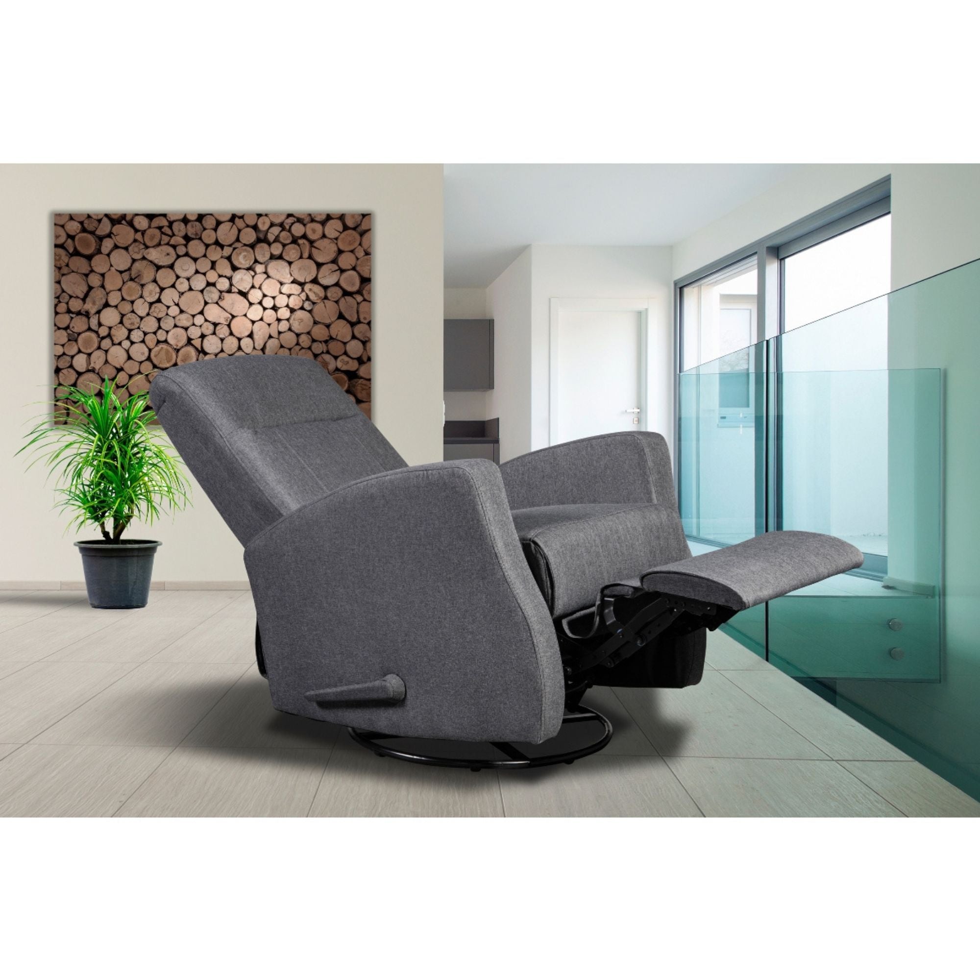 Gray Gage Swivel Glider Recliner Chair from MAZ, showcasing plush upholstery and smooth swivel and gliding features.