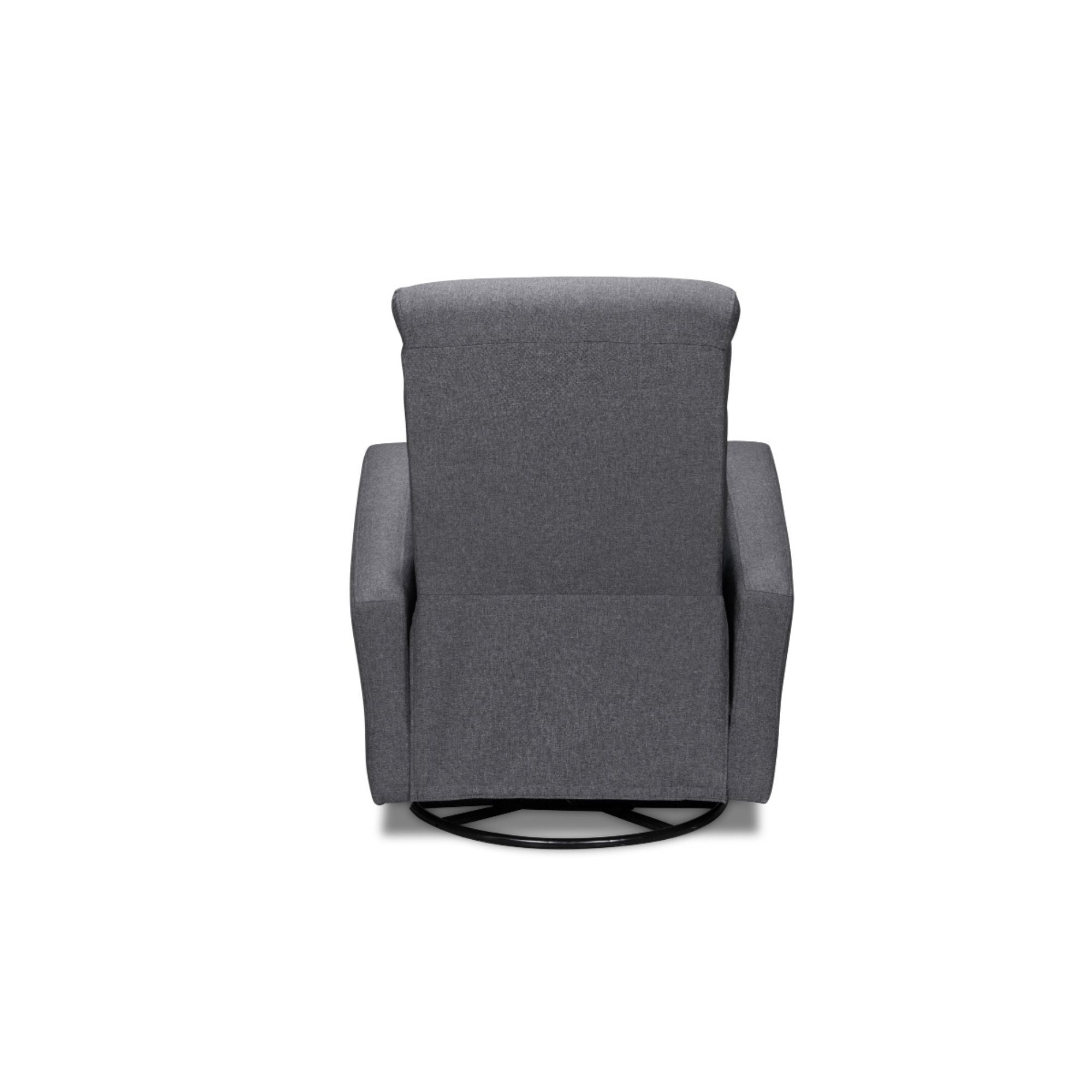 MAZ Gage swivel glider recliner in grey, plush fabric with a comfortable design, perfect for living room relaxation.
