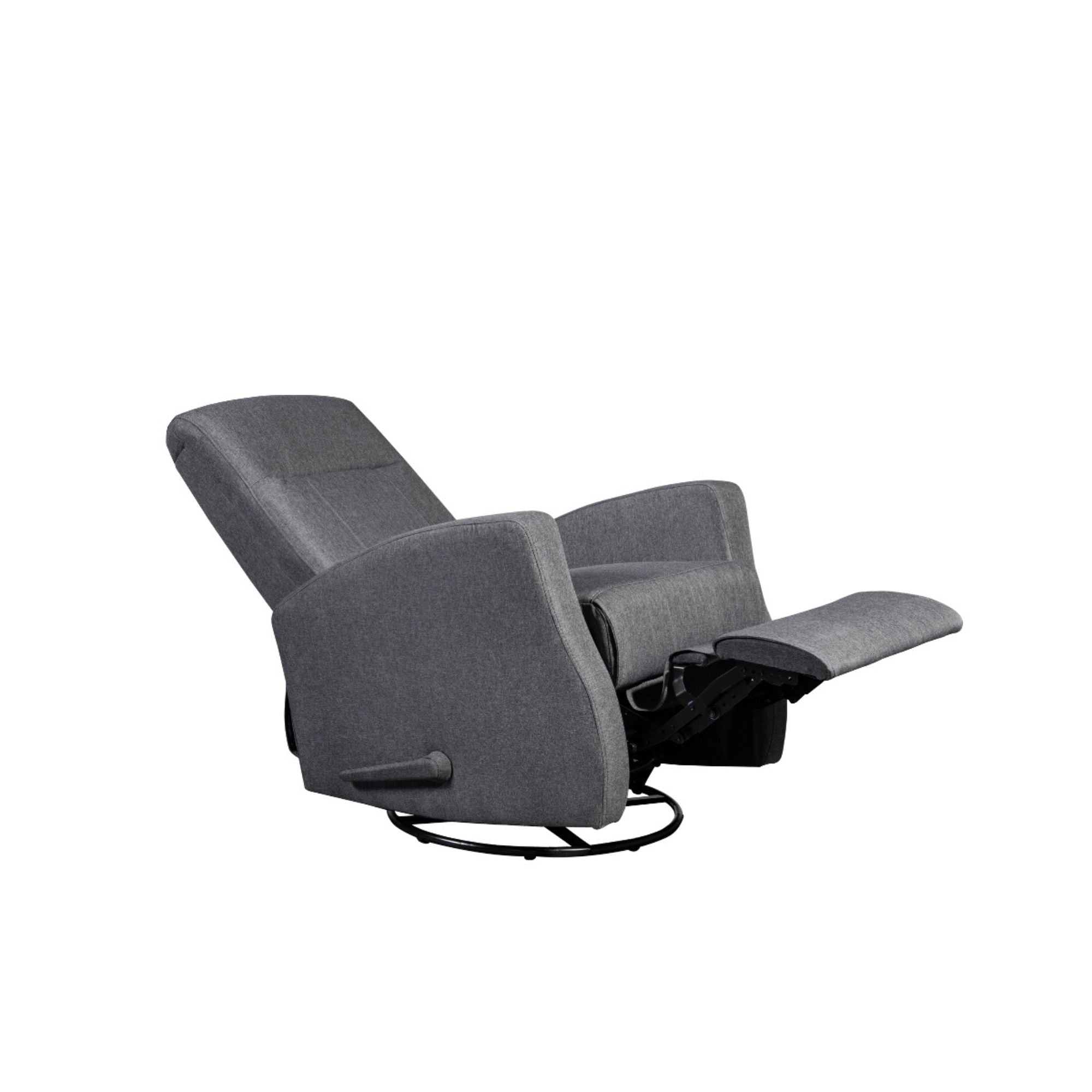 MAZ Gage swivel glider recliner in grey with plush cushions, modern design, and smooth reclining and swiveling features.