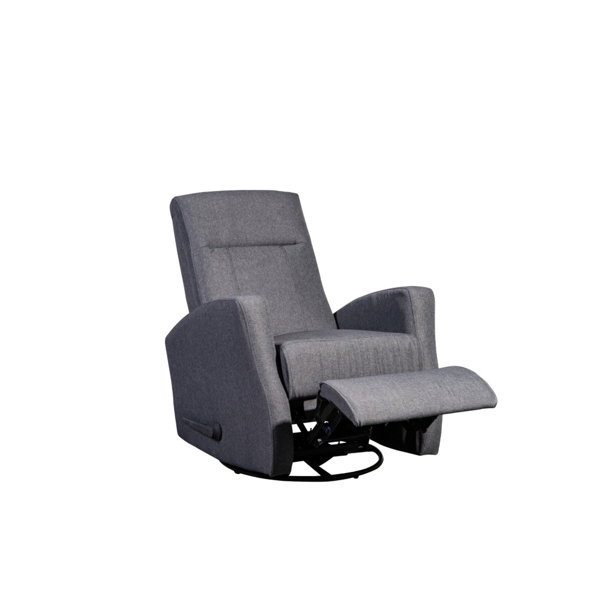 MAZ Gage swivel glider recliner in grey with plush cushioned seat and armrests, perfect for comfortable seating in living rooms.