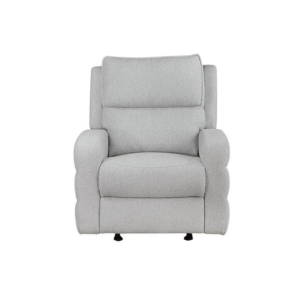 MAZ Thorne II Collection light grey glider recliner chair, front view showing plush upholstery and recliner mechanism.