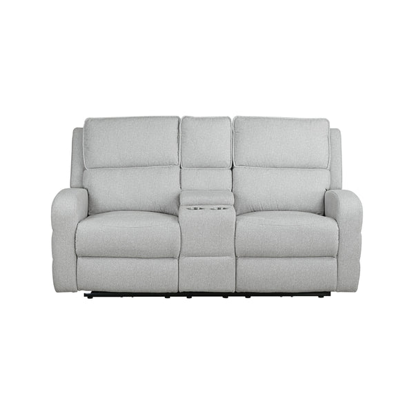 MAZ Thorne II Collection double recliner loveseat in light grey, showing front view with closed recliners and built-in console.