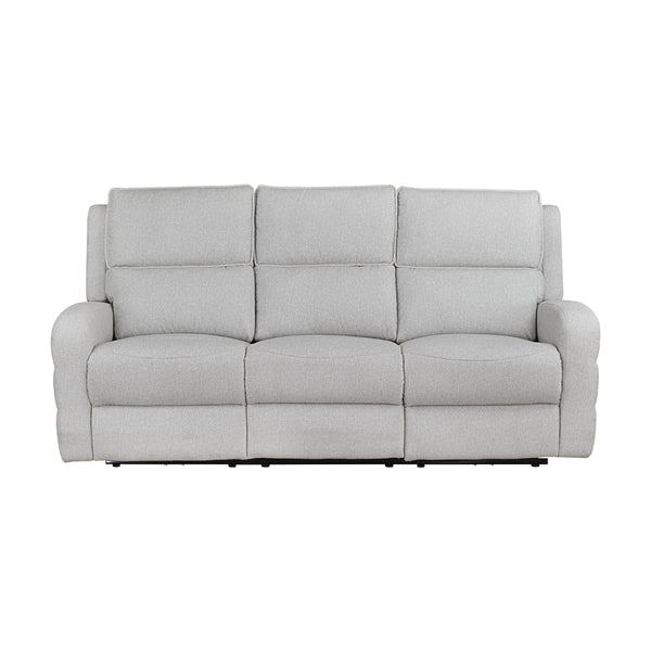Light grey Thorne II Collection double recliner sofa by MAZ, shown from front in closed position with no background.