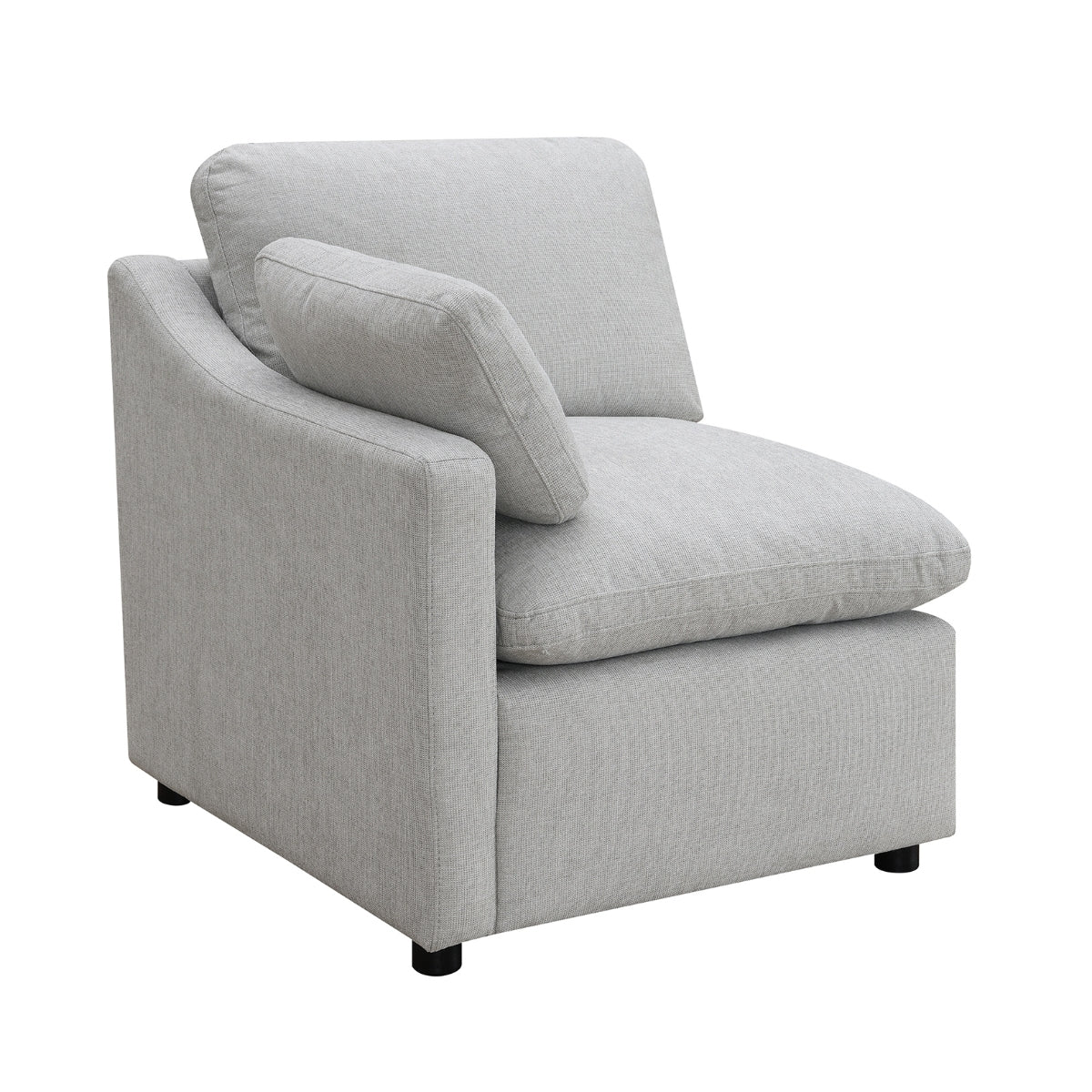 Light grey MAZ Pippa Collection 6-piece modular sectional sofa with left-side chair and pillow, shown from an angled view.