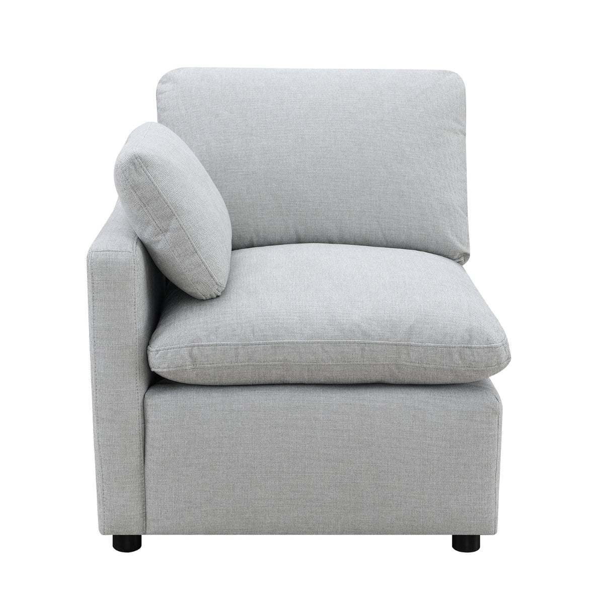 Light grey MAZ Pippa Collection 6-piece modular sectional sofa with a left side chair and pillow, stylish and comfortable living room furniture.